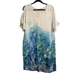 Jams World Blue White Floral Dress Cold Shoulder Short Sleeves M
